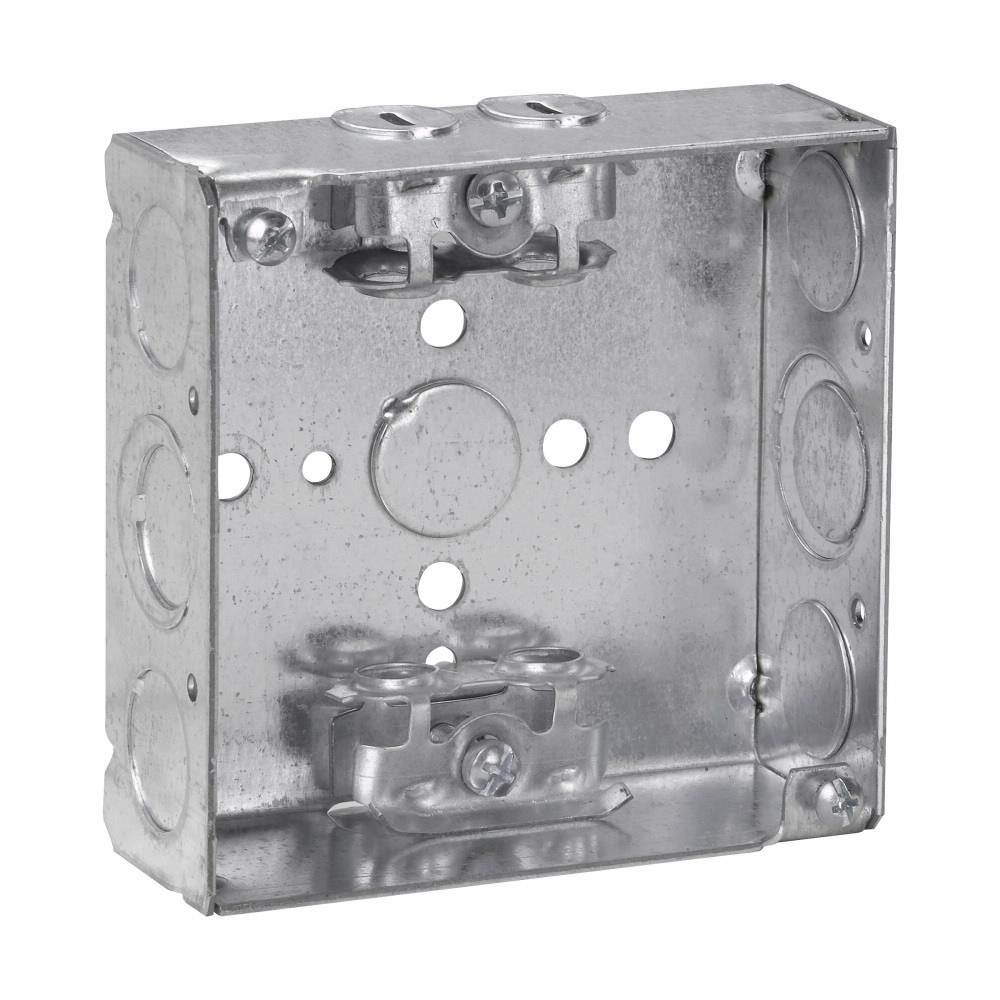 Eaton Corp TP454PF Eaton Crouse-Hinds series Square Outlet Box, (1) 1/2", 4", AC/MC clamps, Welded, 1-1/2", Steel, (4) 1/2", (2) 1/2", (1) 3/4" E, Includes ground screw with pigtail lead, 22.0 cubic inch capacity