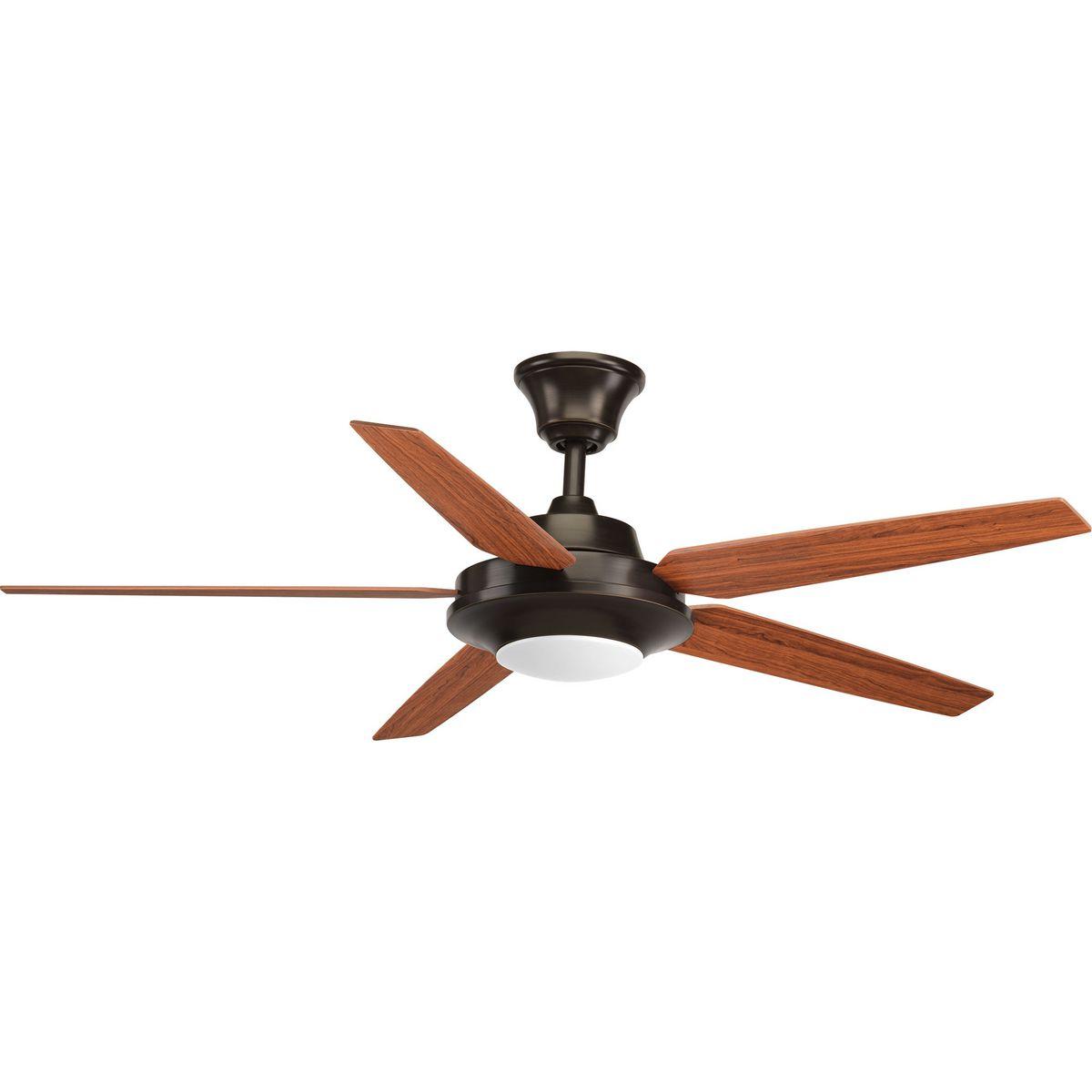 Hubbell P2539-2030K Five-blade 54 inch Signature Plus II ceiling fan with five reversible blades in classic walnut and medium cherry. The LED light source, offering both form and function with energy- and cost-savings benefits, contains a white opal shatterproof shade and is