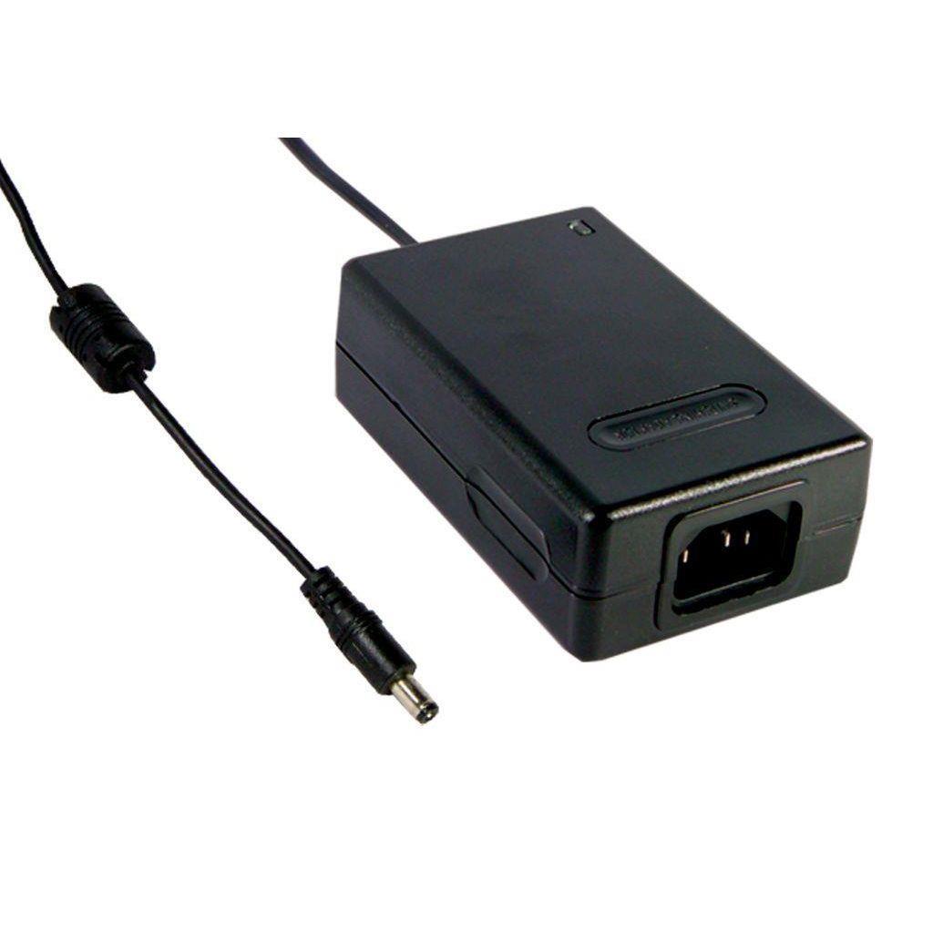 MEAN WELL MES30A-6P1J AC-DC Single output medical desktop adaptor with 3 pin IEC320-C14 input socket; Output 24VDC at 3.08 with P1J tuning fork plug OD 5.5mm; ID 2.1mm; length 11mm; 2xMOPP; Class I; MES30A-6P1J is succeeded by GSM40A24-P1J.