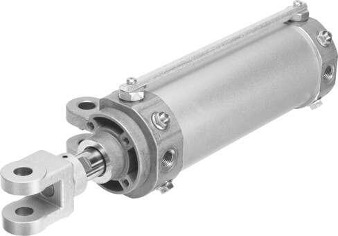 Festo 565757 hinge cylinder DWB-63-75-Y-A-G Stroke: 75 mm, Piston diameter: 63 mm, Piston rod thread: M16x1,5, Distance of rod clevis to swivel mounting: 19,5 mm, Cushioning: PPV: Pneumatic cushioning adjustable at both ends