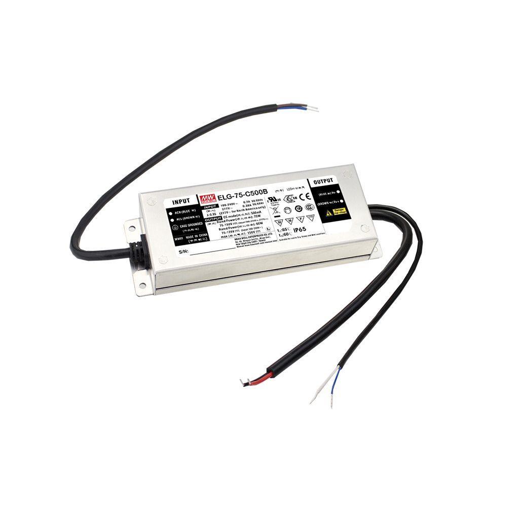 MEAN WELL ELG-75-C500AB AC-DC Single output LED Driver (CC) with PFC; Output 150Vdc at 0.5A; Dimming with 0-10Vdc 10V PWM resistance; IP65; Io adjustable through built-in potentiometer
