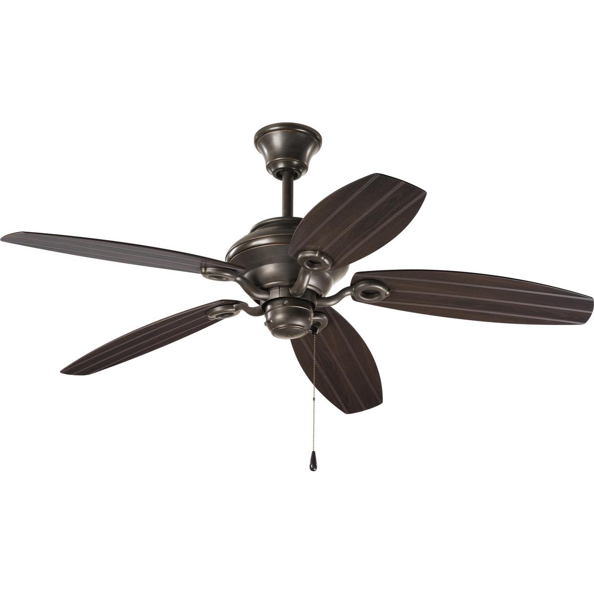 Hubbell P2533-20 54 inch five-blade Patio Fan with Toasted Oak blades and an Antique Bronze finish. The AirPro Indoor/Outdoor ceiling fan offers great performance and value with a powerful, 3-speed motor that can be reversed to provide year-round comfort. Includes innovat