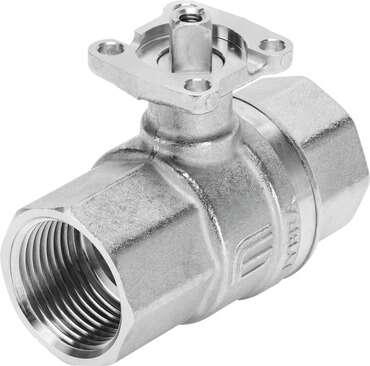 Festo 4405650 ball valve VZBM-1-RP-25-D-2-F03-B2B3 Brass, 2/2-way, nominal width 1", top flange F03, PN25, thread EN 10226-1. Design structure: 2-way ball valve, Type of actuation: mechanical, Sealing principle: soft, Assembly position: Any, Mounting type: Line install