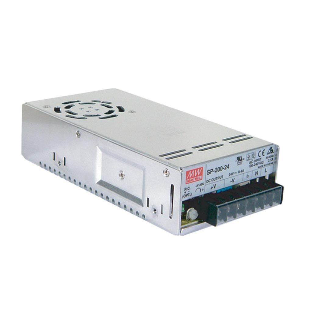 MEAN WELL SP-200-5 AC-DC Single output enclosed power supply with PFC; Input range 85-264VAC; Output 5Vdc at 40A; forced air cooling; optional remote ON/OFF; SP-200-5 is succeeded by RSP-200-5.