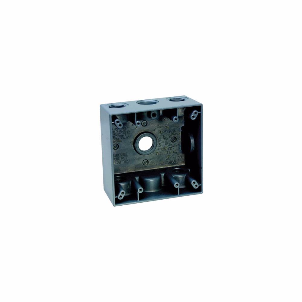 Eaton TP7106 Eaton Crouse-Hinds series weatherproof outlet box, 30.5 cu in, Gray, 2" deep, Die cast aluminum, Two-gang, (5) 3/4" outlet holes, one hole in the back and bottom, three holes across the top