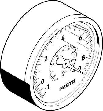 Festo 537814 vacuum gauge VAM-63-V1/9-R1/4-EN With display unit in bar and psi. Nominal size of pressure gauge: 63, Position of connection: Rear side central, Based on the standard: DIN EN 837-1, Type of seal on screw-in stud: coating, Assembly position: Any