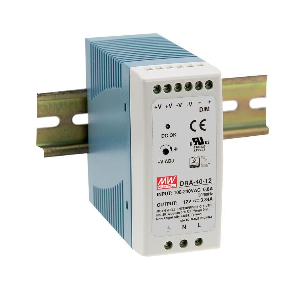MEAN WELL DRA-40-12 AC-DC Industrial DIN rail power supply; Output 12Vdc at 3.34A; Dimming 0-10Vdc PWM Resistance; plastic case