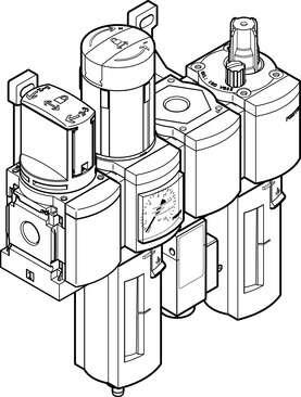 Festo 543561 service unit combination MSB4N-1/4:C3J3F3M1-WP Consisting of manual on-off valve, filter/regulator, branching module with pressure switch but without display, oiler, wall mounting plate Maximum output pressure 12 bar, 5 µm filter, with pressure gauge, loc