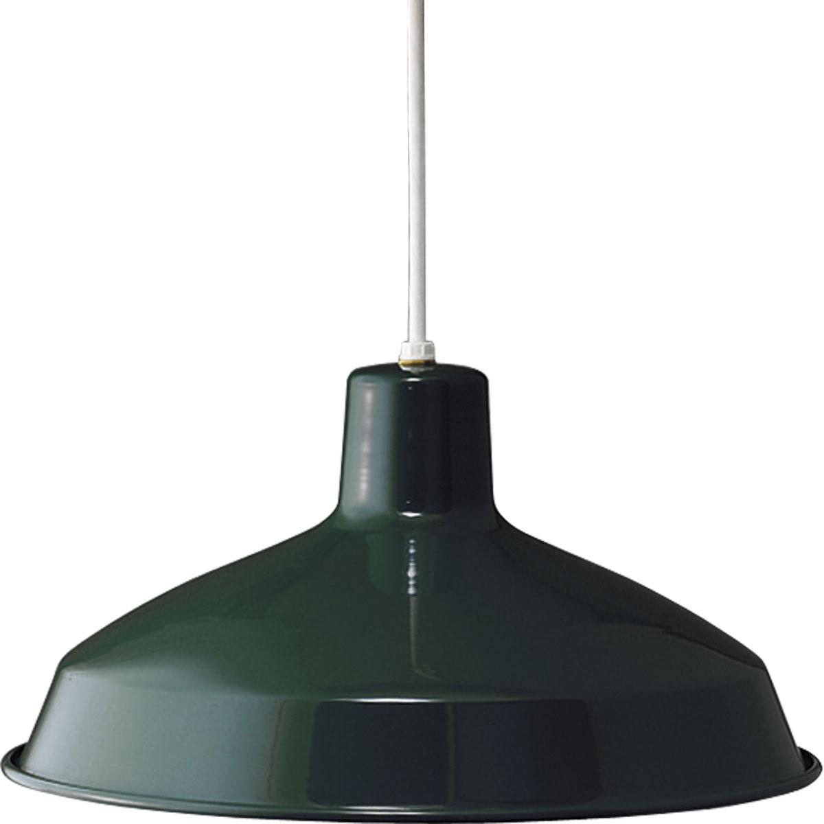Hubbell P5094-45 One-light industrial style warehouse cord-hung pendant with spun metal shade. Gloss white inside shade for reflectivity. 3 Conductor SVT white cord. Dark Green finish.  ; One-light industrial style warehouse cord-hung pendant. ; Spun metal shade. ; Gloss 
