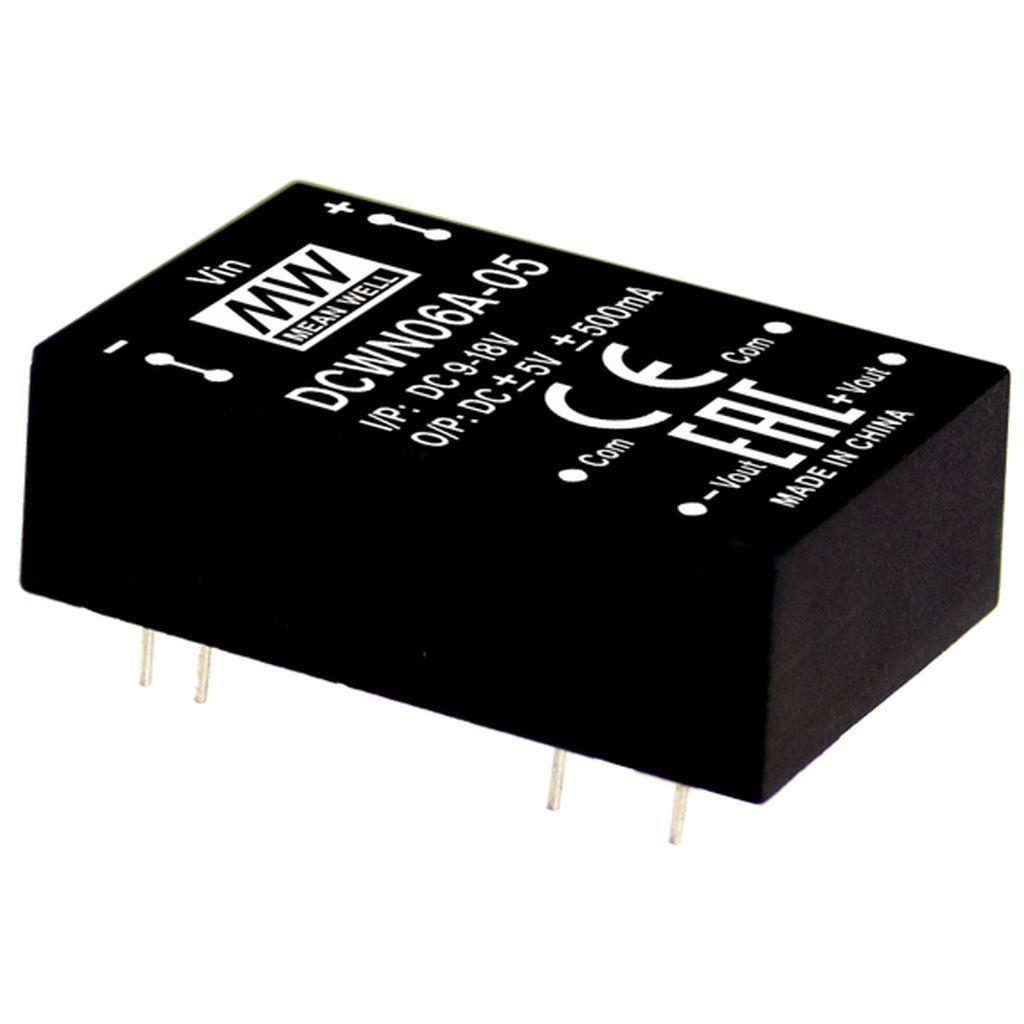 MEAN WELL DCWN06A-05 DC-DC Regulated Dual Output Converter; Input 9-18Vdc; Output +-5Vdc at +-0.5A; 3000VDC I/O isolation; DIP Through hole  package