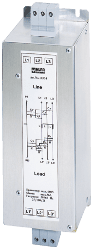 Murr Elektronik 10537 MEF EMC-FILTER 3-PHASE 1-STAGE, I:80A U:3x600 VAC book-style