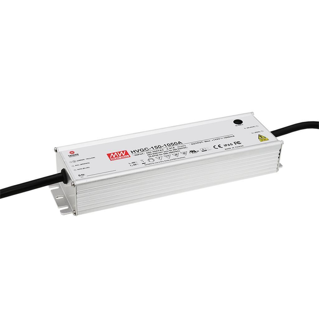 MEAN WELL HVGC-150-1050A AC-DC Single output LED driver Constant Current (CC) with built-in PFC; Output 1.05A at 15-143Vdc; IP65; Cable output; Dimming with Potentiometer