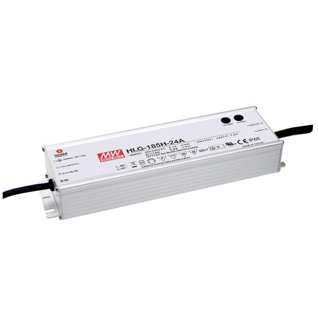 MEAN WELL HLG-185H-24 AC-DC Single output LED driver Mix mode (CV+CC) with built-in PFC; Output 24Vdc at 7.8A; IP67; Cable output
