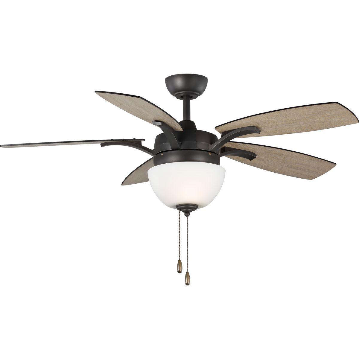 Hubbell P2598-143 The 52 in Olson five-blade ceiling fan features a generously sized etched watermark glass shade and sweeping blades highlighted with metal accents. Two 9W LED lamps are JA8 compliant, offering both form and function with energy and cost-savings benefits. 