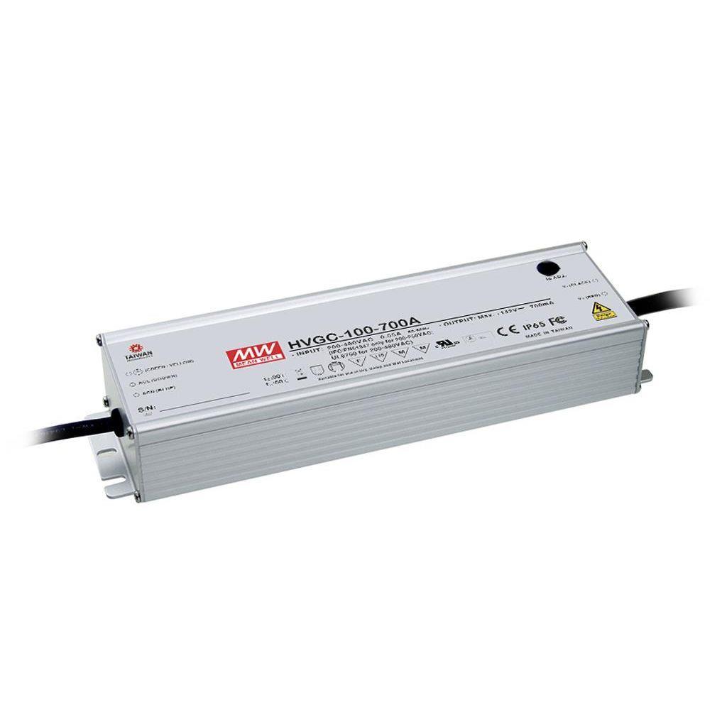 MEAN WELL HVGC-100-700A AC-DC Single output LED driver Constant Current (CC) with built-in PFC; Output 0.7A at 15-142Vdc; IP65; Cable output; Dimming with Potentiometer