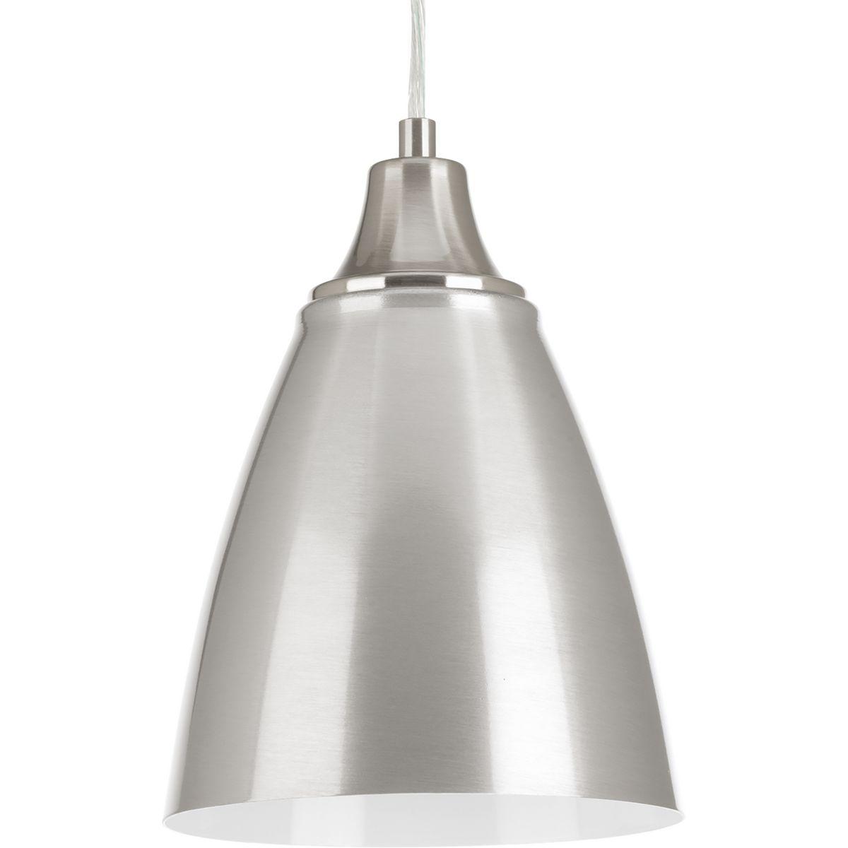 Hubbell P5175-0930K9 One-light LED pendant features designer oriented details. Brushed Nickel finish with polished white interior. 3000K, 90+ CRI, 623 lumens (source).  ; Designer oriented details. ; Sleek design. ; Brushed Nickel finish with polished white interior. ; Dimmab