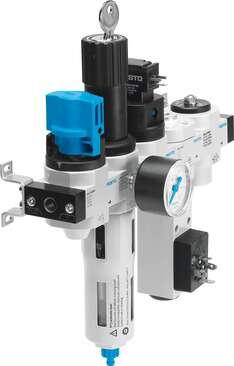 Festo 195021 service unit LFRS-1/8-D-MINI-KG-A With lockable regulator head and pressure gauge, for nominal pressure 12 bar, for unlubricated compressed air. Size: Mini, Series: D, Actuator lock: Rotary knob with integrated lock, Assembly position: Vertical +/- 5°, Gr