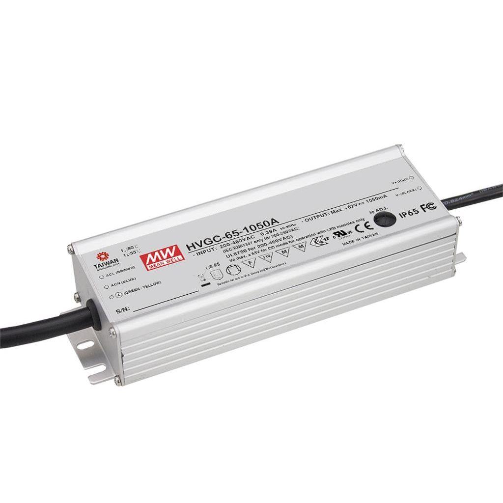 MEAN WELL HVGC-65-350A AC-DC Single output LED driver Constant Current (CC) with built-in PFC; Output 0.35A at 18-186Vdc; IP65; Cable output; Dimming with Potentiometer