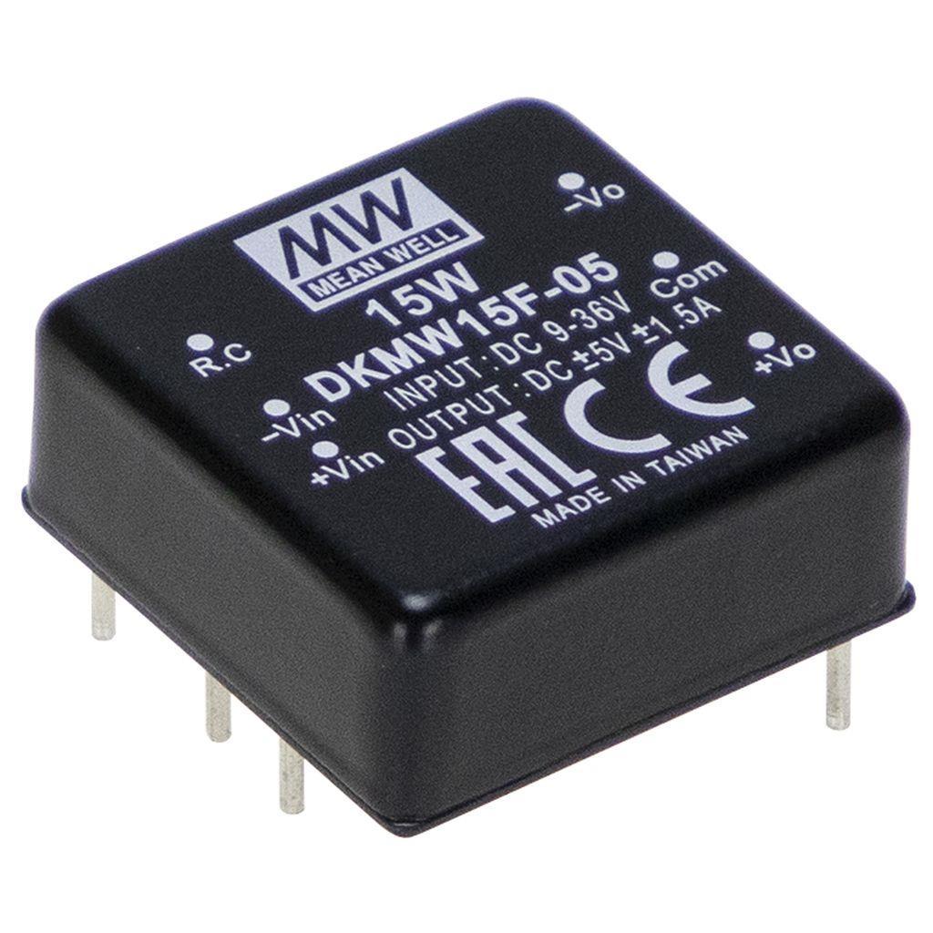 MEAN WELL DKMW15F-05 DC-DC Converter PCB mount; Ultrawide input 9-36Vdc; Single Output +-5Vdc at +-1.5A; DIP Through hole package; 1" x 1" compact size