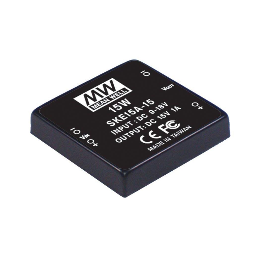 MEAN WELL SKE15A-24 DC-DC Converter PCB mount; Input 9-18Vdc; Output 24Vdc at 0.625A; DIP Through hole package; Built-in EMI filter; 2"x2" compact size; remote ON/OFF