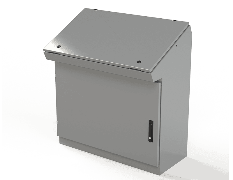 Saginaw Control SCE-403716SDC Console, Single Access Single Door, Height:40.25", Width:37.25", Depth:15.50", ANSI-61 gray powder coating inside and out. Optional sub-panels are powder coated white.