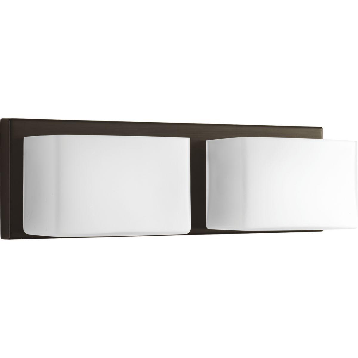 Hubbell P2143-2030K9 Two-Light LED modern wall fixture in Antique Bronze with geometric frosted glass shades and a replaceable LED module. This modern fixture is perfect for the bathroom. 3000K color temperature and 90 plus CRI.  ; Ideal for a bathroom and powder room. ; Perf