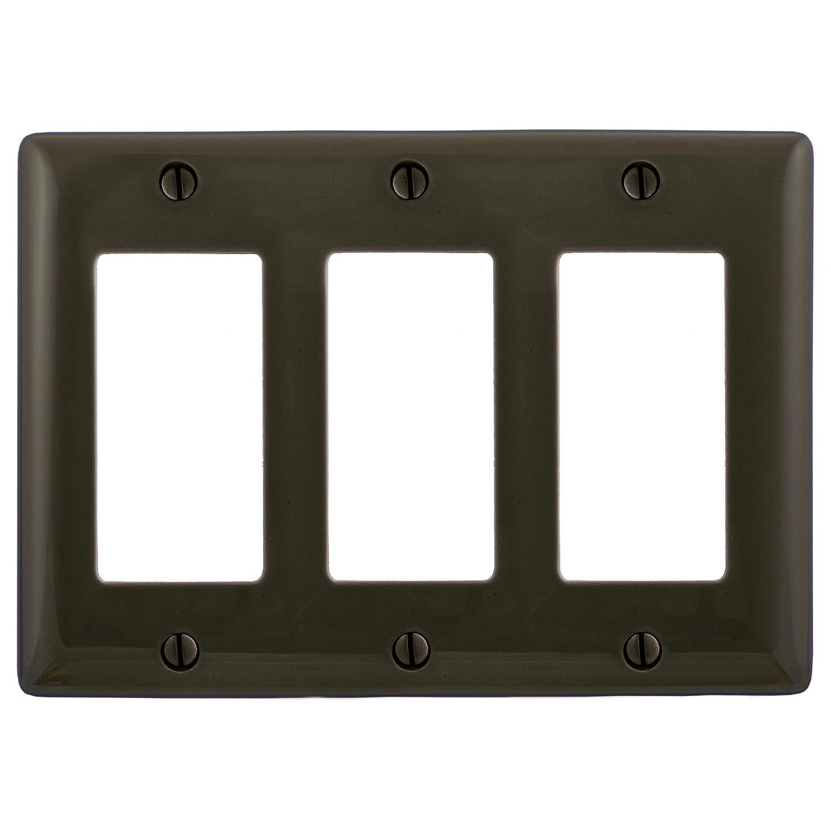 Hubbell NP263 Wallplates and Box Covers, Wallplate, Nylon, 3-Gang, 3) Decorator, Brown  ; Reinforcement ribs for extra strength ; Captive screw feature holds mounting screw in place ; High-impact, self-extinguishing nylon material ; Standard Size is 1/8" larger to give