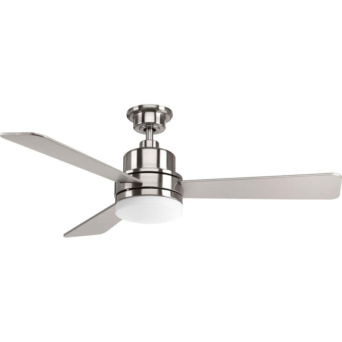 Hubbell P2556-0930K The 52 inch Trevina II features three silver blades in Brushed Nickel finish. Coolly modern, the Trevina II ceiling fan offers both form and function with an energy efficient 17W LED source with a 3000K-color temperature. Features a wall control switch.  