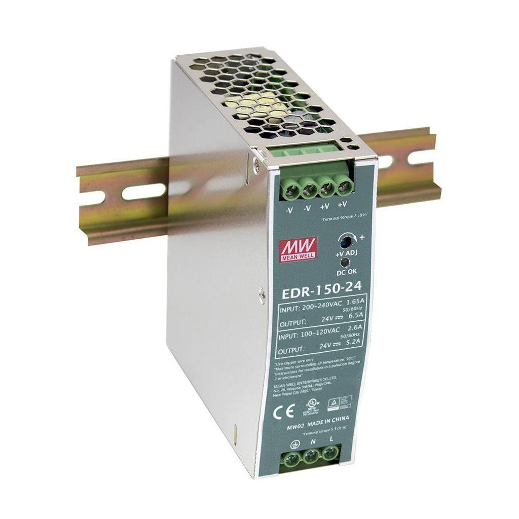 MEAN WELL EDR-150-24 AC-DC Industrial DIN rail power supply; Output 24V at 6.5A(230Vac) / 24V at 5.2A(115Vac) metal case