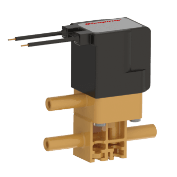 Humphrey 37035730 Solenoid Valves, Small 2-Way & 3-Way Solenoid Operated, Number of Ports: 3 ports, Number of Positions: 2 positions, Valve Function: Diverter, Piping Type: Inline, Direct Piping, Size (in)  HxWxD: 2.99 x 1.21 x 1.76, Media: Aggressive Liquids & Gases