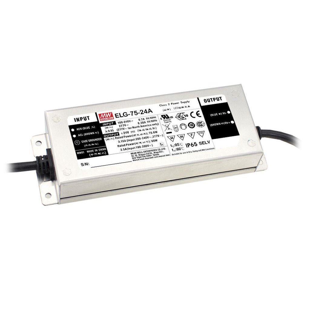 MEAN WELL ELG-75-24D2 AC-DC Single output LED Driver Mix Mode (CV+CC) with PFC; Output 24Vdc at 3.15A; cable output; Smart timer dimming and programmable function