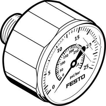 Festo 541734 pressure gauge MA-27-25-R1/8 With display unit in bar and psi. Indicating range [bar]: 0 - 25 bar, Nominal size of pressure gauge: 27, Design structure: Bourdon-tube pressure gauge, Mounting type: Line installation, Operating medium: (* Inert gases, * Neu