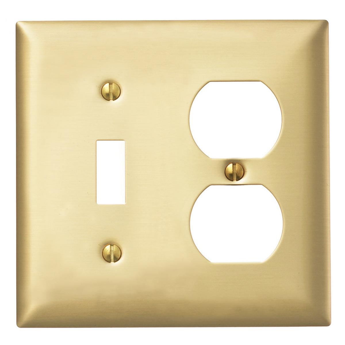 Hubbell SBP18 Wallplates and Boxes, Metallic Plates, 2- Gang, 1) Toggle Opening, 1) Duplex, Standard Size, Brass Plated Steel  ; Non-magnetic and corrosion resistant ; Finish is lacquer coated to inhibit oxidation ; Protective plastic film helps to prevent scratches an