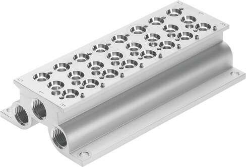 Festo 543845 manifold block CPE18-PRS-3/8-8 For CPE valves. Grid dimension: 26 mm, Assembly position: Any, Max. number of valve positions: 8, Max. no. of pressure zones: 2, Operating pressure: -0,9 - 10 bar