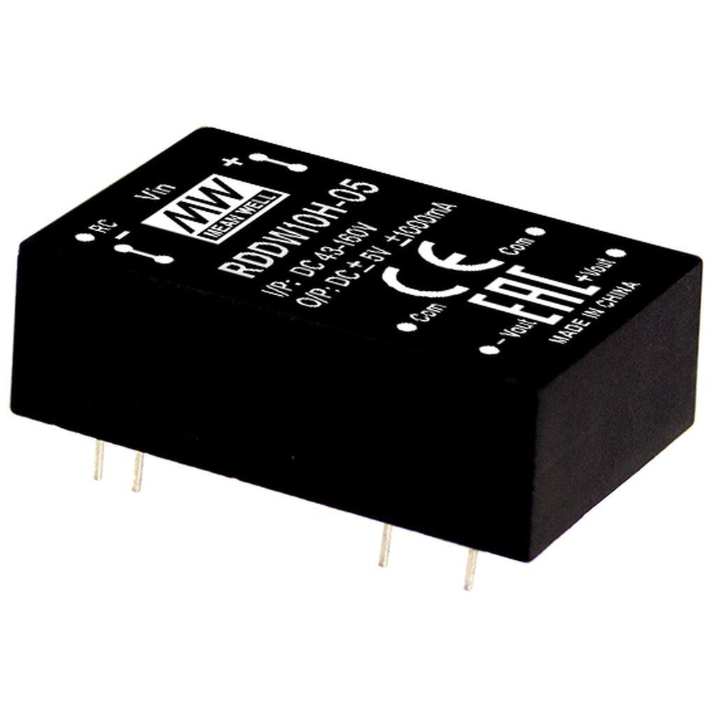 MEAN WELL RDDW10H-12 DC-DC Railway Dual Output Converter; Input 43-160VDC; Output +-12VDC at +-0.416A; 1.5KVDC I/O isolation; DIP Through hole package; Remote ON/OFF
