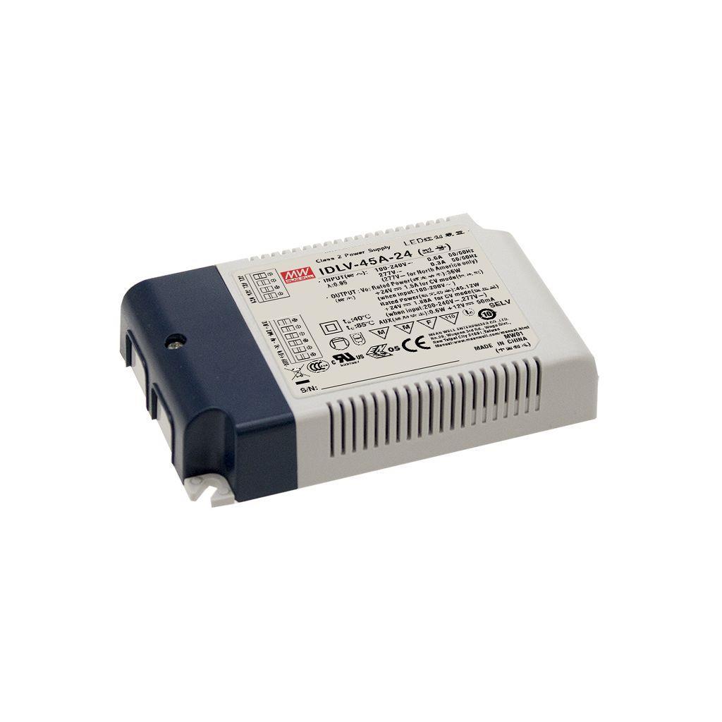 MEAN WELL IDLV-45A-24 AC-DC Constant Voltage LED Driver (CV); Input range 90-295VAC; Output 24Vdc at 1.88A; 2 in 1 dimming with 0-10Vdc or PWM signal and Auxiliary output