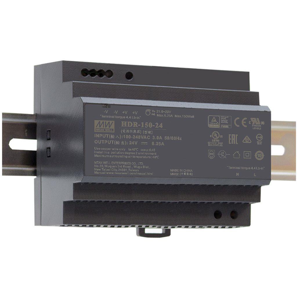 MEAN WELL HDR-150-12 AC-DC Ultra slim DIN rail power supply; Input range 85-264VAC; Output 12VDC at 11.3A