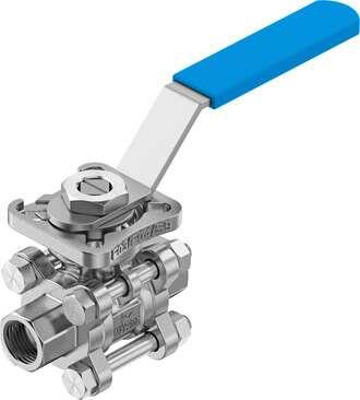 Festo 8089055 ball valve VZBE-1/4-WA-63-T-2-F0304-M-V15V15 Design structure: 2-way ball valve with hand lever, Type of actuation: mechanical, Sealing principle: soft, Assembly position: Any, Mounting type: Line installation