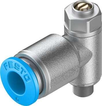 Festo 193155 one-way flow control valve GRLZ-M5-QS-6-D For supply air flow control, with swivel joint. Valve function: one-way flow control function for supply air, Pneumatic connection, port  1: QS-6, Pneumatic connection, port  2: M5, Adjusting element: Slotted head