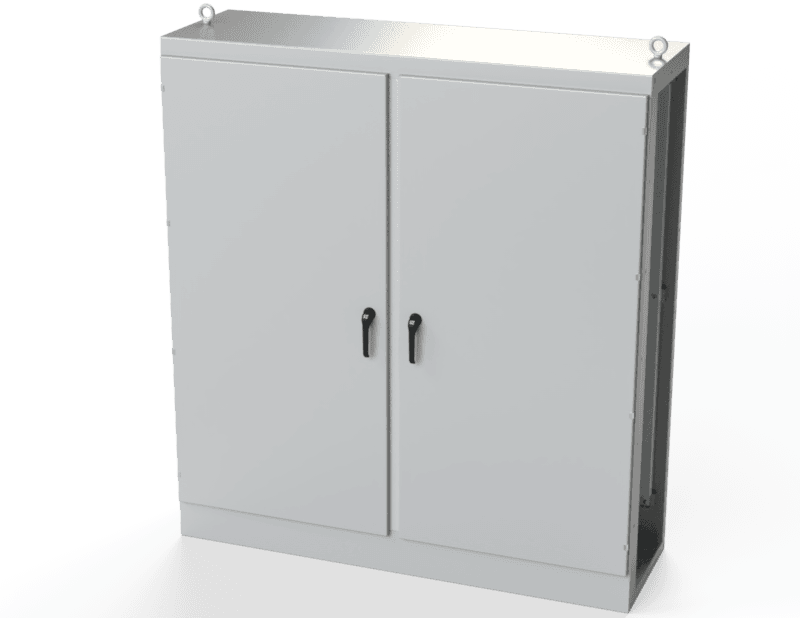 Saginaw Control SCE-MOD847724 2DR MOD Enclosure, Height:84.00", Width:76.50", Depth:24.00", ANSI-61 gray powder coating inside and out. Panels are powder coated white.
