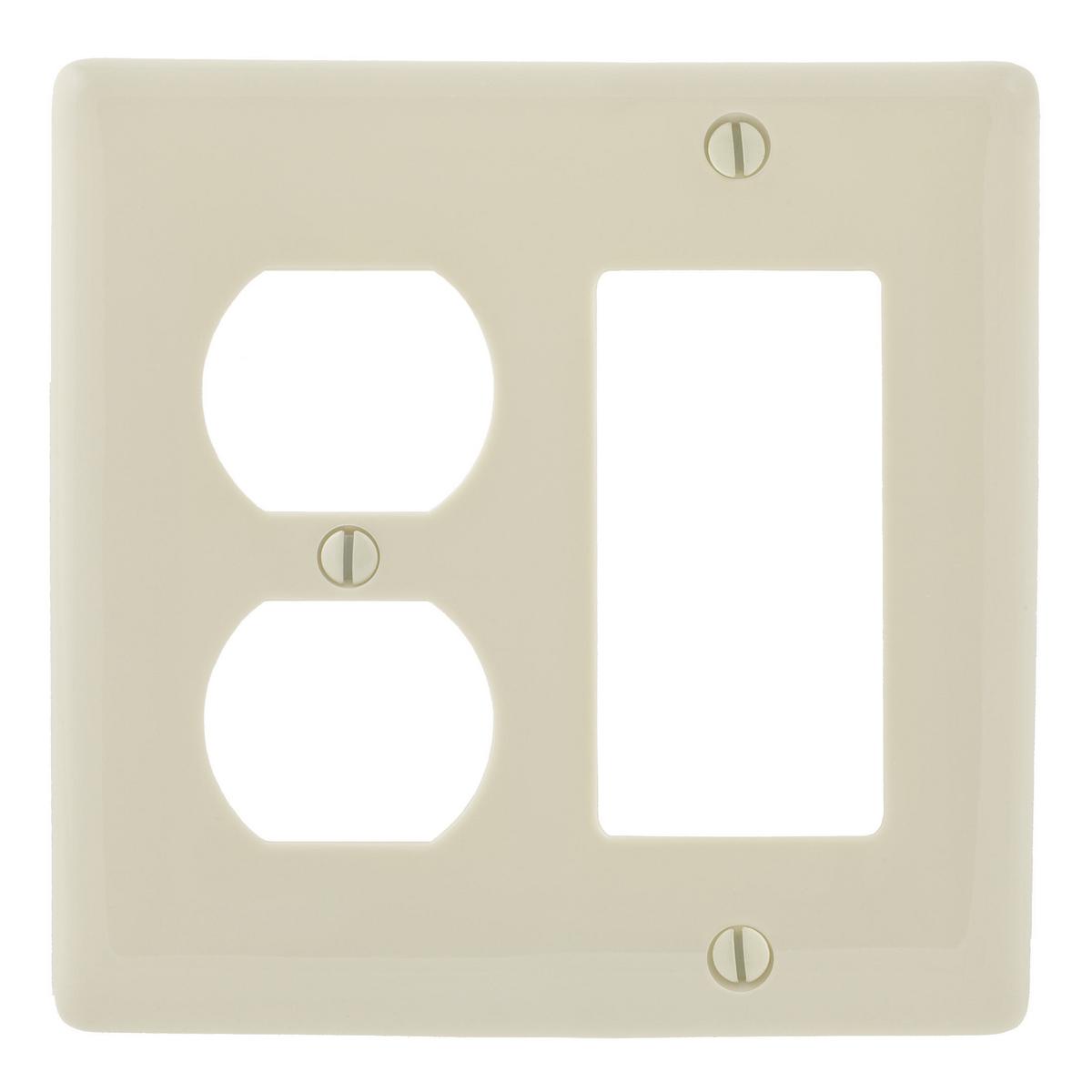 Hubbell NP826LA Wallplates and Box Covers, Wallplate, Nylon, 2-Gang, 1) Duplex 1) Decorator, Light Almond  ; Reinforcement ribs for extra strength ; High-impact, self-extinguishing nylon material ; Captive screw feature holds mounting screw in place ; Standard Size is 1/
