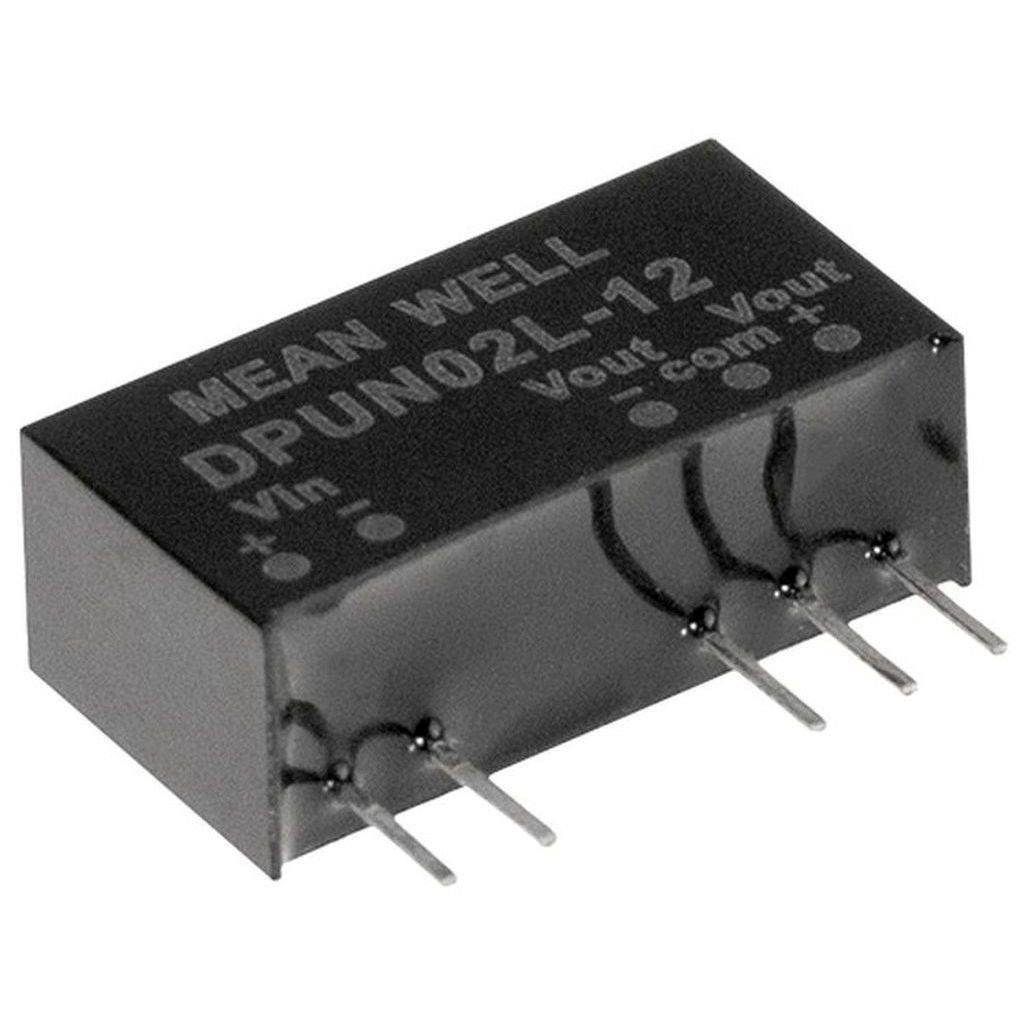 MEAN WELL DPUN02L-12 DC-DC Converter PCB mount; Input 4.5-5.5Vdc; Dual Output +-12Vdc at +-0.083A; SIP Through hole package; 3000Vdc I/O isolation