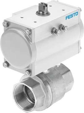 Festo 8070240 ball valve actuator unit VZBM-A-11/2"-RP-25-D-2-B2-PA20 Brass, with double-acting actuator DFPD 2/2-way, nominal width 11/2", PN25, thread EN 10226-1. Design structure: (* 2-way ball valve, * Swivel drive), Type of actuation: pneumatic, Assembly position: