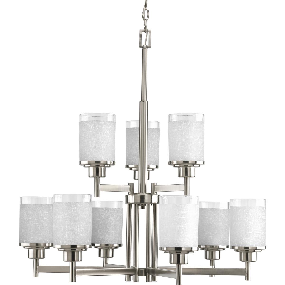 Hubbell P4626-09 Nine-light, 2-tier chandelier features a pleasingly simple Brushed Nickel frame while visually interesting textured white linen glass are complemented by a crisp, clear edge accent. Six feet of 9 gauge chain is supplied for ceiling chain mount. Create the