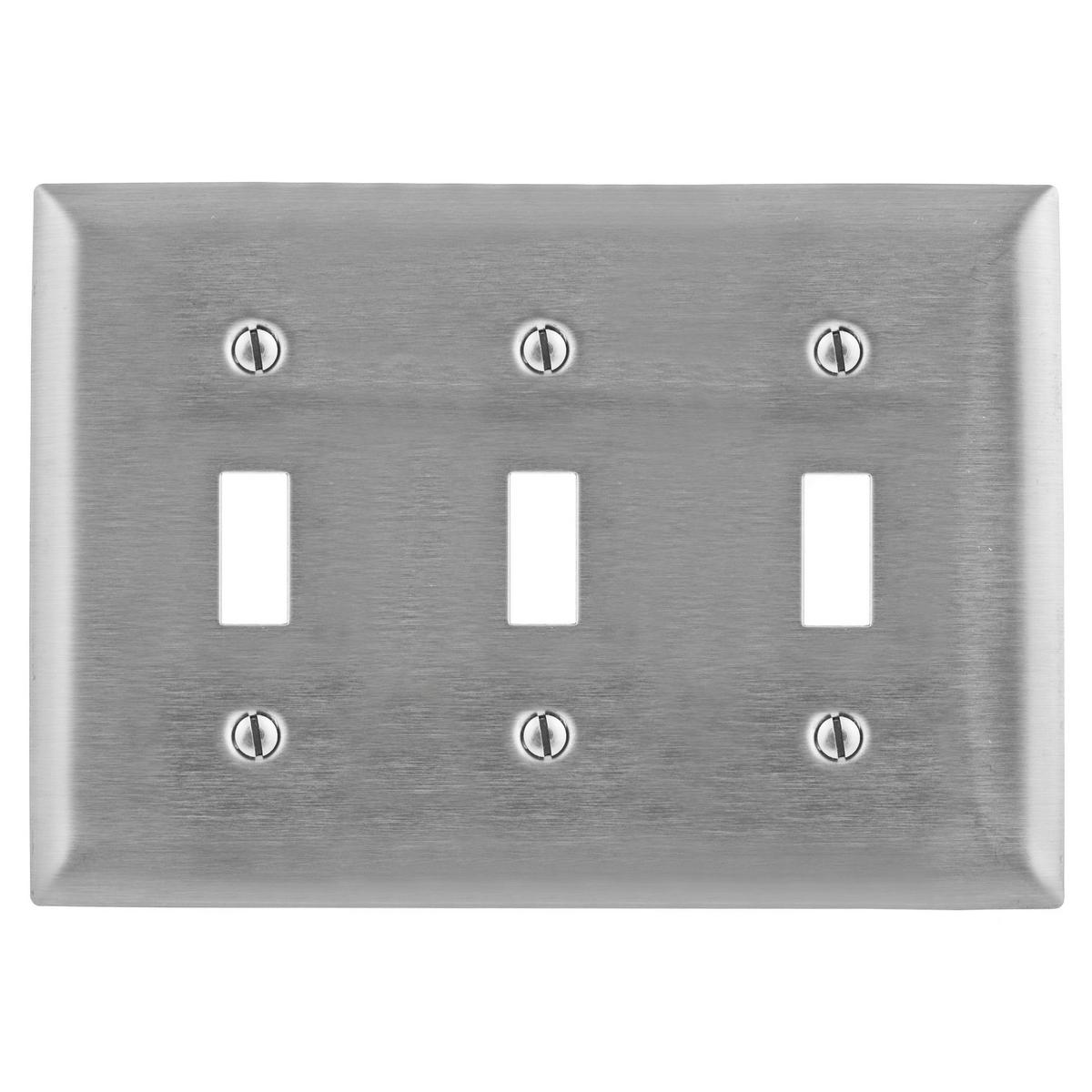 Hubbell SS3L Wallplates and Boxes, Metallic Plates, 3- Gang, 3) Toggle Openings, 430 Stainless Steel  ; Ideal for highly corrosive environments ; Non-Magnetic ; Protective plastic film helps to prevent scratches and damage ; Protective film helps to prevent scratches 
