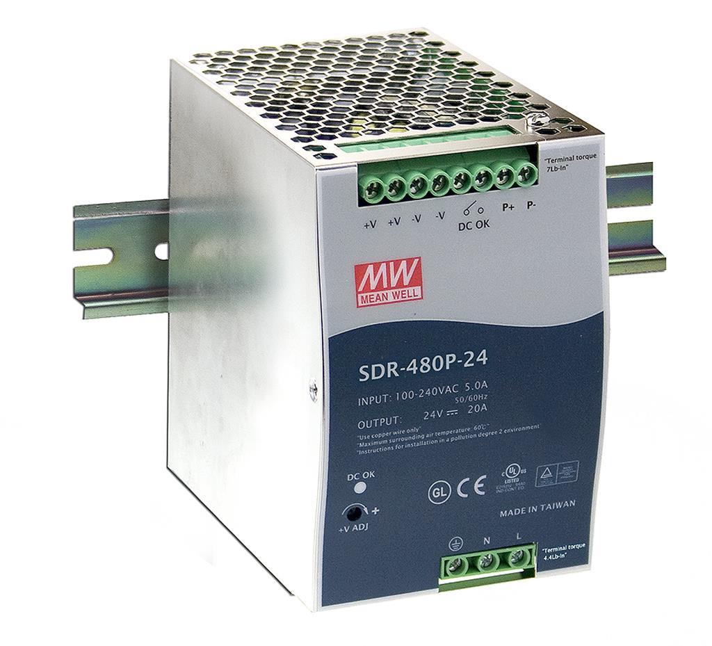 MEAN WELL SDR-480P-24 AC-DC Industrial DIN rail power supply; Output 24Vdc at 20A; Metal casing; Ultra slim width 85.5mm; Parallel function
