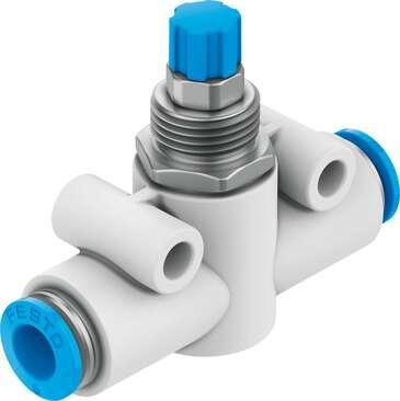 Festo 193969 one-way flow control valve GR-QS-6 With flow adjustable in one direction. Valve function: One-way flow control function, Pneumatic connection, port  1: QS-6, Pneumatic connection, port  2: QS-6, Adjusting element: Knurled screw, Mounting type: (* Front pa