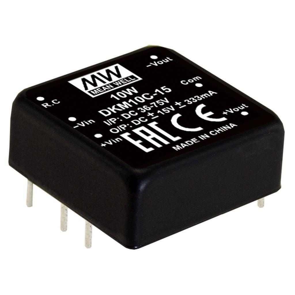MEAN WELL DKM10C-15 DC-DC Converter PCB mount; Input 36-75Vdc; Dual Output +-15Vdc at +-0.33A; DIP Through hole package; 1" x 1" ultra compact size; Remote ON/OFF