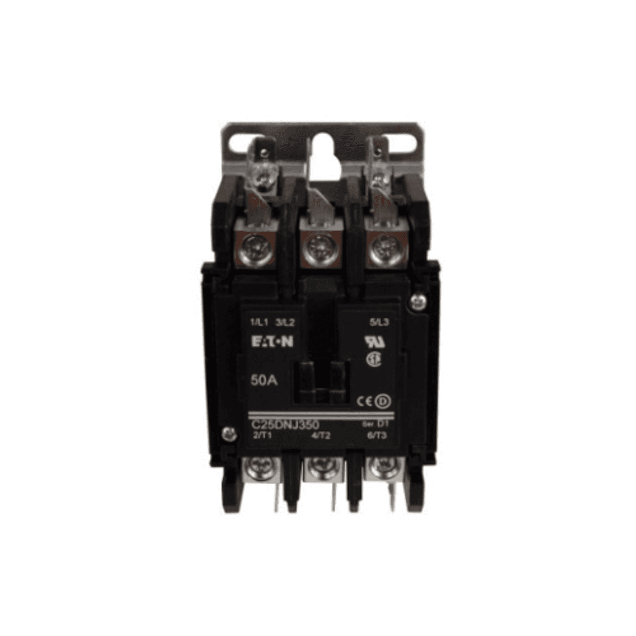 Eaton C25DNJ350T Definite Purpose Control Contactor, Non-reversing, Three-pole, 50A, 24 Vac, 50/60 Hz, Open with metal mounting plate, Box lugs (posidrive setscrew) and quick connect terminals (vertical-in-line), 50A IFL, 65A RL