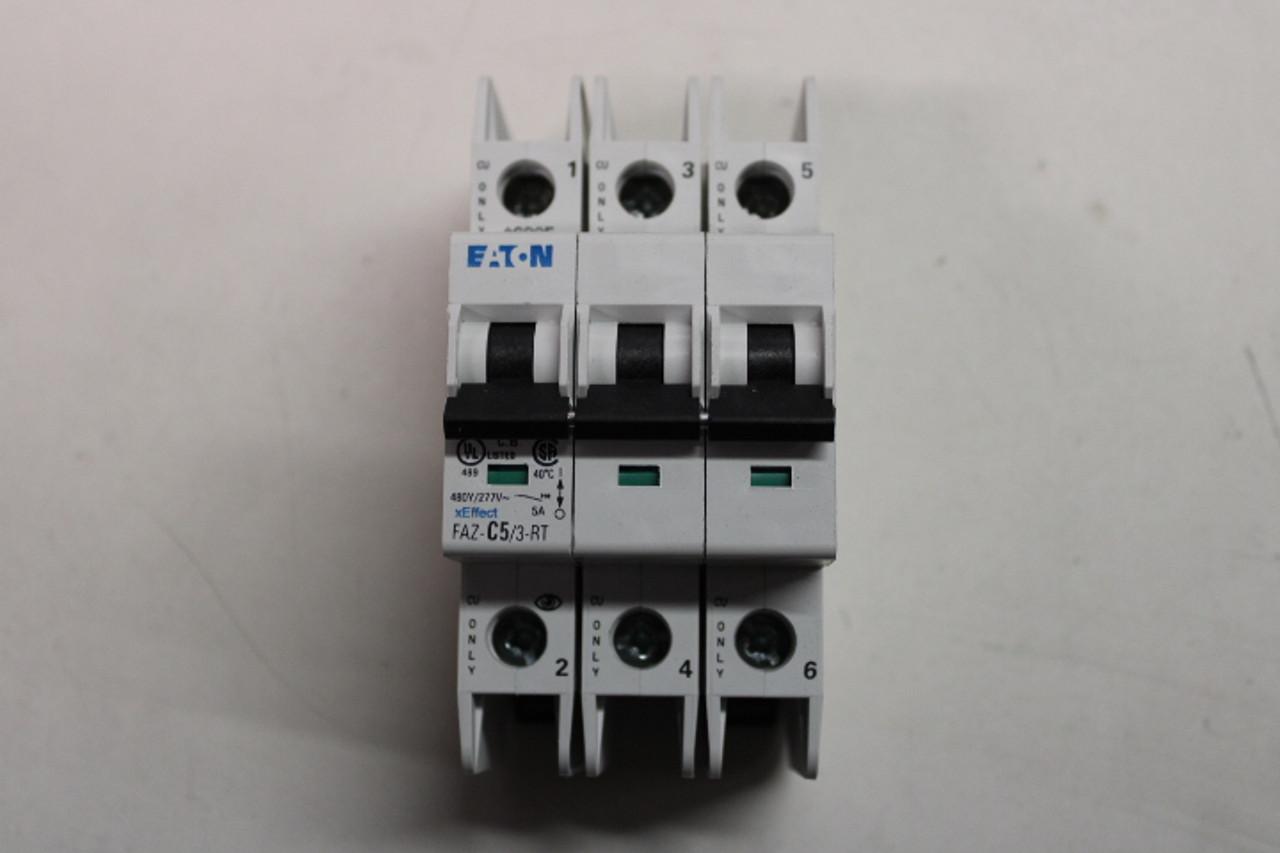 Eaton FAZ-C5/3-RT 277/480 VAC 50/60 Hz, 5 A, 3-Pole, 10/14 kA, 5 to 10 x Rated Current, Ring Tongue Terminal, DIN Rail Mount, Standard Packaging, C-Curve, Current Limiting, Thermal Magnetic
